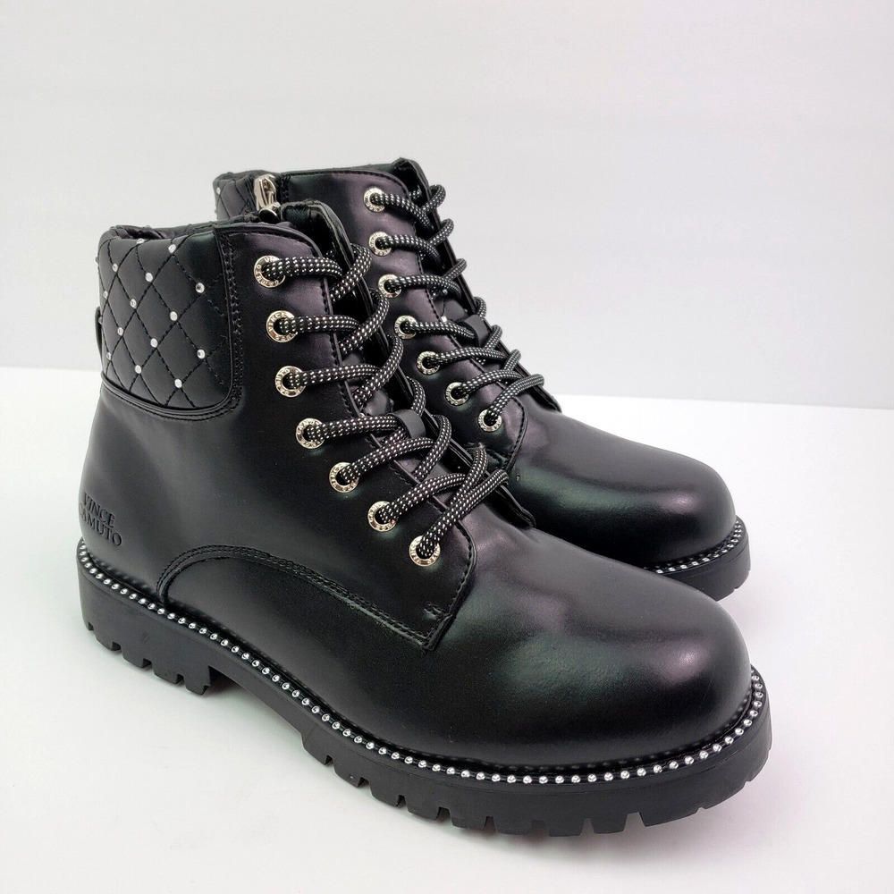 Vince Camuto Womens Size 5.5 Black Rhinestone Lace Up Zip Chunky Ankle Boots